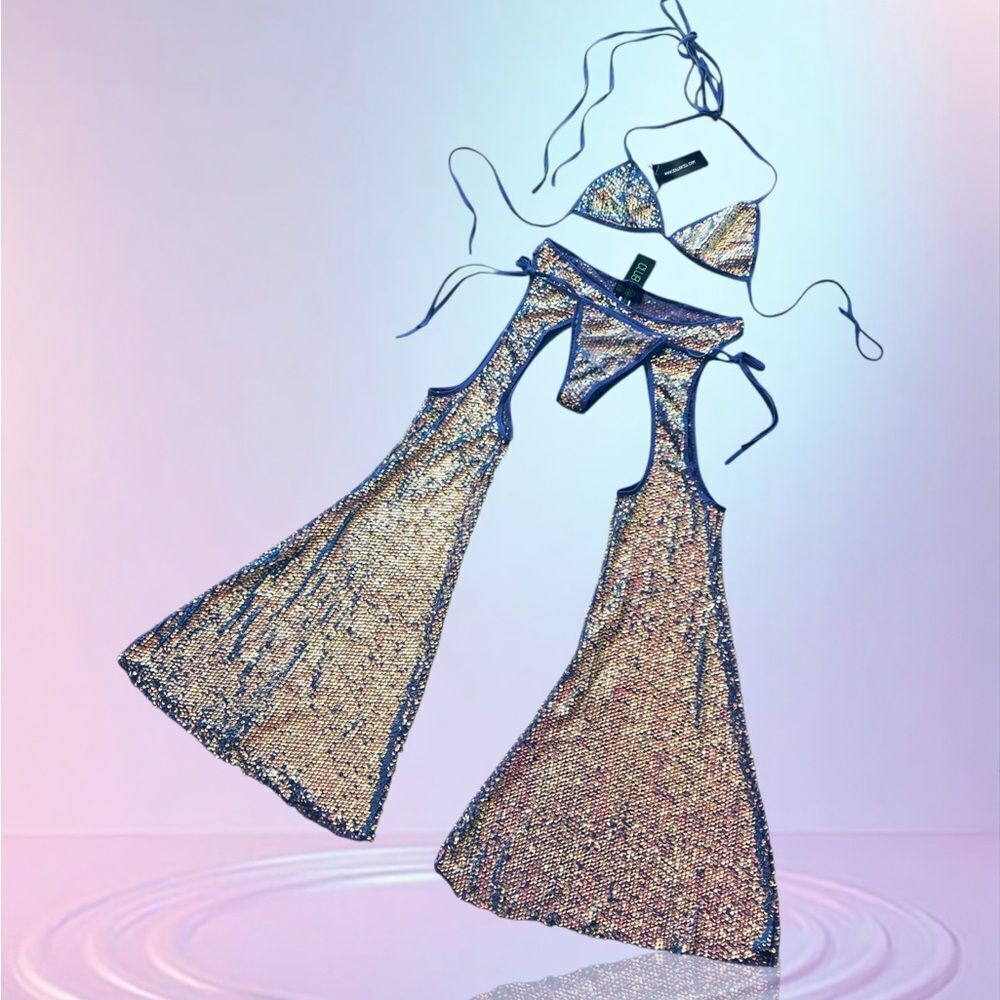 Club Exx x Dolls Kill sequin purple diva reef bikini with mega flare chaps XXL